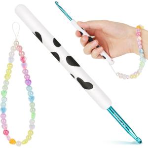 Katech Ergonomic Crochet Hook, Aluminum Soft Grip Crochet Hooks for Beginners and Arthritic Hands, Soft Clay Crochet Needle with Cow Motif and Bead Chain-Ideal Gift for Crocheter (8.0mm)(5.0mm)