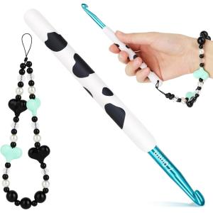 Katech Ergonomic Crochet Hook, Aluminum Soft Grip Crochet Hooks for Beginners and Arthritic Hands, Soft Clay Crochet Needle with Cow Motif and Bead Chain-Ideal Gift for Crocheter (8.0mm)(7.0mm)