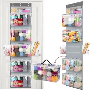 Katech Hanging Yarn Storage Organizer, Over The Door Storage w/Large Capacity Knitting Bag, Yarn Organizers with 6 Zipper Closure Compartments & Detachable Crochet Bag for Yarns Enthusiasts(6 tiers)
