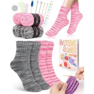 Katech Knitting Kit for Beginner Adults, 6 Pcs Socks Yarn for Knitting Kit W/Step-by-Step Instruction and Knitting Needles, Knitting Starter Kit for Learn-to-Knit Craft Kits for Adults Gift(pink 2)