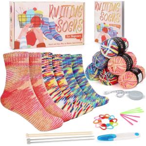 Katech Knitting Kit for Beginner Adults, 6 Pcs Socks Yarn for Knitting Kit W/Step-by-Step Instruction and Knitting Needles, Knitting Starter Kit for Learn-to-Knit Craft Kits for Adults Gift(orange-blue)