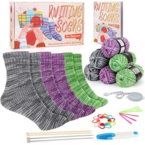 Katech Knitting Kit for Beginner Adults, 6 Pcs Socks Yarn for Knitting Kit W/Step-by-Step Instruction and Knitting Needles, Knitting Starter Kit for Learn-to-Knit Craft Kits for Adults Gift(gray-purple-green)