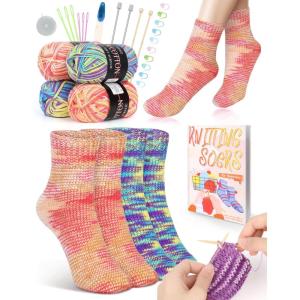 Katech Knitting Kit for Beginner Adults, 6 Pcs Socks Yarn for Knitting Kit W/Step-by-Step Instruction and Knitting Needles, Knitting Starter Kit for Learn-to-Knit Craft Kits for Adults Gift(blue 2)