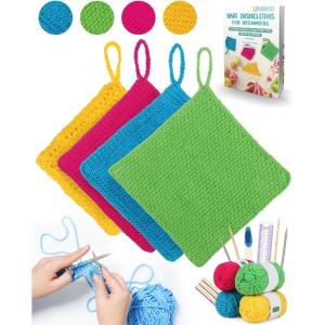 Katech Knitting Kit for Beginners-Learn to Knit Dishcloth-Beginner Knitting Kit for Adults with Knitting Book, Knitting Needles,Beginner Yarn, Yarn Needle, Craft Kits Gift (Beginner to Expert)(Colorful A)
