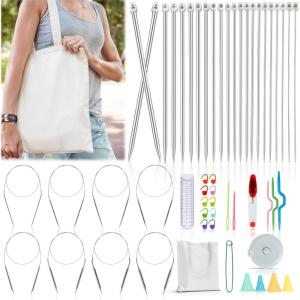 Katech Knitting Needles Set for Beginners, 9 Pairs Circular Knitting Needles Set and 22 Pcs Single Pointed Knitting Needle Set with Tote Bag Knitting Accessories Knit Supplies(9.8 inch（Single Pointed）)