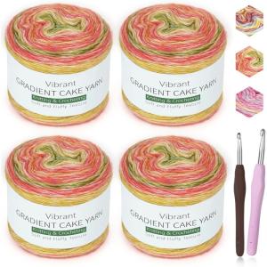 Katech Ombré Yarn for Crocheting-Gradient Cake Yarn-4x100g 60% Cotton 30% Acrylic 10% Wool-Ombré Multicolor Soft Rainbow Cotton Crochet Yarn for Scarves, Shawls, Blankets and Garments(G)(H)