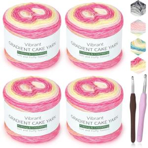 Katech Ombré Yarn for Crocheting-Gradient Cake Yarn-4x100g 60% Cotton 30% Acrylic 10% Wool-Ombré Multicolor Soft Rainbow Cotton Crochet Yarn for Scarves, Shawls, Blankets and Garments(G)(Q)