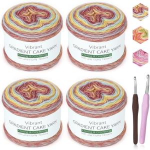 Katech Ombré Yarn for Crocheting-Gradient Cake Yarn-4x100g 60% Cotton 30% Acrylic 10% Wool-Ombré Multicolor Soft Rainbow Cotton Crochet Yarn for Scarves, Shawls, Blankets and Garments(G)(I)