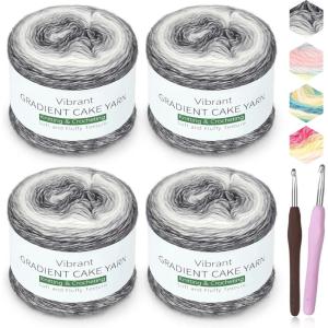 Katech Ombré Yarn for Crocheting-Gradient Cake Yarn-4x100g 60% Cotton 30% Acrylic 10% Wool-Ombré Multicolor Soft Rainbow Cotton Crochet Yarn for Scarves, Shawls, Blankets and Garments(G)(O)