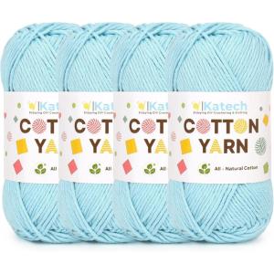 Katech Pure Cotton Yarn for Crocheting & Knitting–Soft Sport Weight CYC #2, 6 Skeins (50g Each, 300g Total), Ideal Crochet Yarn for Dishcloths, Baby Clothes, Socks, Lightweight Scarves（Soft White）(Blue)