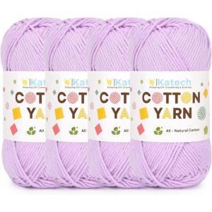 Katech Pure Cotton Yarn for Crocheting & Knitting–Soft Sport Weight CYC #2, 6 Skeins (50g Each, 300g Total), Ideal Crochet Yarn for Dishcloths, Baby Clothes, Socks, Lightweight Scarves（Soft White）(Light purple)