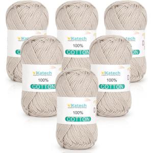 Katech Pure Cotton Yarn for Crocheting & Knitting–Soft Sport Weight CYC #2, 6 Skeins (50g Each, 300g Total), Ideal Crochet Yarn for Dishcloths, Baby Clothes, Socks, Lightweight Scarves（Soft White）(Beige)