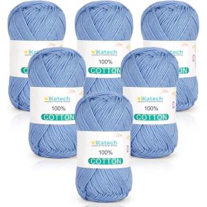 Katech Pure Cotton Yarn for Crocheting & Knitting–Soft Sport Weight CYC #2, 6 Skeins (50g Each, 300g Total), Ideal Crochet Yarn for Dishcloths, Baby Clothes, Socks, Lightweight Scarves（Soft White）(Light Blue)