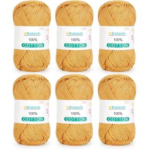 Katech Pure Cotton Yarn for Crocheting & Knitting–Soft Sport Weight CYC #2, 6 Skeins (50g Each, 300g Total), Ideal Crochet Yarn for Dishcloths, Baby Clothes, Socks, Lightweight Scarves（Soft White）(Mustard Yellow)