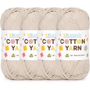 Katech Pure Cotton Yarn for Crocheting & Knitting–Soft Sport Weight CYC #2, 6 Skeins (50g Each, 300g Total), Ideal Crochet Yarn for Dishcloths, Baby Clothes, Socks, Lightweight Scarves（Soft White）(Beige A)