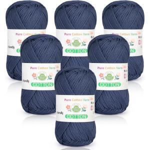 Katech Pure Cotton Yarn for Crocheting & Knitting–Soft Sport Weight CYC #2, 6 Skeins (50g Each, 300g Total), Ideal Crochet Yarn for Dishcloths, Baby Clothes, Socks, Lightweight Scarves（Soft White）(Navy)