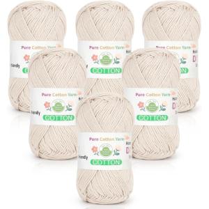 Katech Pure Cotton Yarn for Crocheting & Knitting–Soft Sport Weight CYC #2, 6 Skeins (50g Each, 300g Total), Ideal Crochet Yarn for Dishcloths, Baby Clothes, Socks, Lightweight Scarves（Soft White）(Buttercream)