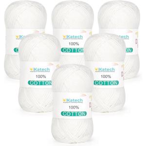Katech Pure Cotton Yarn for Crocheting & Knitting–Soft Sport Weight CYC #2, 6 Skeins (50g Each, 300g Total), Ideal Crochet Yarn for Dishcloths, Baby Clothes, Socks, Lightweight Scarves（Soft White）(Soft White)