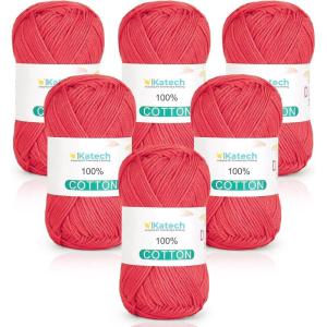 Katech Pure Cotton Yarn for Crocheting & Knitting–Soft Sport Weight CYC #2, 6 Skeins (50g Each, 300g Total), Ideal Crochet Yarn for Dishcloths, Baby Clothes, Socks, Lightweight Scarves（Soft White）(Bright Red)