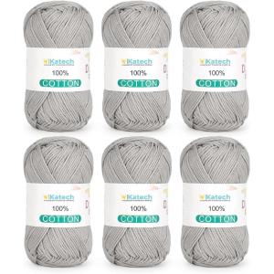Katech Pure Cotton Yarn for Crocheting & Knitting–Soft Sport Weight CYC #2, 6 Skeins (50g Each, 300g Total), Ideal Crochet Yarn for Dishcloths, Baby Clothes, Socks, Lightweight Scarves（Soft White）(Light Gray)