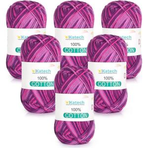 Katech Pure Cotton Yarn for Crocheting & Knitting–Soft Sport Weight CYC #2, 6 Skeins (50g Each, 300g Total), Ideal Crochet Yarn for Dishcloths, Baby Clothes, Socks, Lightweight Scarves（Soft White）(Berry Sunset)