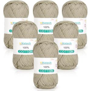 Katech Pure Cotton Yarn for Crocheting & Knitting–Soft Sport Weight CYC #2, 6 Skeins (50g Each, 300g Total), Ideal Crochet Yarn for Dishcloths, Baby Clothes, Socks, Lightweight Scarves（Soft White）(Khaki Green)
