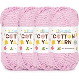 Katech Pure Cotton Yarn for Crocheting & Knitting–Soft Sport Weight CYC #2, 6 Skeins (50g Each, 300g Total), Ideal Crochet Yarn for Dishcloths, Baby Clothes, Socks, Lightweight Scarves（Soft White）(Pink)