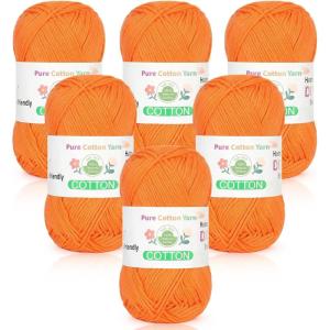 Katech Pure Cotton Yarn for Crocheting & Knitting–Soft Sport Weight CYC #2, 6 Skeins (50g Each, 300g Total), Ideal Crochet Yarn for Dishcloths, Baby Clothes, Socks, Lightweight Scarves（Soft White）(Orange)