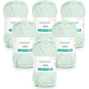 Katech Pure Cotton Yarn for Crocheting & Knitting–Soft Sport Weight CYC #2, 6 Skeins (50g Each, 300g Total), Ideal Crochet Yarn for Dishcloths, Baby Clothes, Socks, Lightweight Scarves（Soft White）(Light Green)