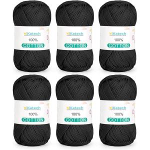 Katech Pure Cotton Yarn for Crocheting & Knitting–Soft Sport Weight CYC #2, 6 Skeins (50g Each, 300g Total), Ideal Crochet Yarn for Dishcloths, Baby Clothes, Socks, Lightweight Scarves（Soft White）(Black)