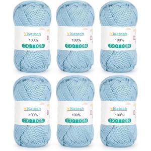 Katech Pure Cotton Yarn for Crocheting & Knitting–Soft Sport Weight CYC #2, 6 Skeins (50g Each, 300g Total), Ideal Crochet Yarn for Dishcloths, Baby Clothes, Socks, Lightweight Scarves（Soft White）(Lake Blue)