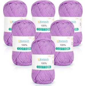 Katech Pure Cotton Yarn for Crocheting & Knitting–Soft Sport Weight CYC #2, 6 Skeins (50g Each, 300g Total), Ideal Crochet Yarn for Dishcloths, Baby Clothes, Socks, Lightweight Scarves（Soft White）(Violet)