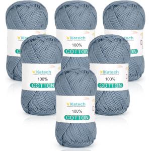 Katech Pure Cotton Yarn for Crocheting & Knitting–Soft Sport Weight CYC #2, 6 Skeins (50g Each, 300g Total), Ideal Crochet Yarn for Dishcloths, Baby Clothes, Socks, Lightweight Scarves（Soft White）(Blue Gray)