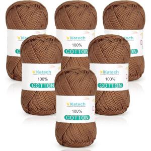 Katech Pure Cotton Yarn for Crocheting & Knitting–Soft Sport Weight CYC #2, 6 Skeins (50g Each, 300g Total), Ideal Crochet Yarn for Dishcloths, Baby Clothes, Socks, Lightweight Scarves（Soft White）(Light Khaki)