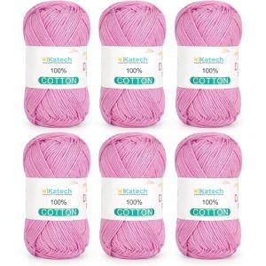 Katech Pure Cotton Yarn for Crocheting & Knitting–Soft Sport Weight CYC #2, 6 Skeins (50g Each, 300g Total), Ideal Crochet Yarn for Dishcloths, Baby Clothes, Socks, Lightweight Scarves（Soft White）(Mauve Pink)
