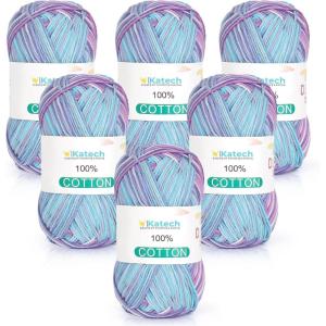Katech Pure Cotton Yarn for Crocheting & Knitting–Soft Sport Weight CYC #2, 6 Skeins (50g Each, 300g Total), Ideal Crochet Yarn for Dishcloths, Baby Clothes, Socks, Lightweight Scarves（Soft White）(Ocean Aurora)