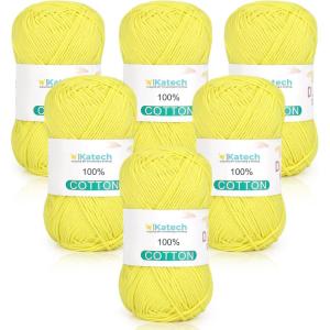 Katech Pure Cotton Yarn for Crocheting & Knitting–Soft Sport Weight CYC #2, 6 Skeins (50g Each, 300g Total), Ideal Crochet Yarn for Dishcloths, Baby Clothes, Socks, Lightweight Scarves（Soft White）(Soft Yellow)