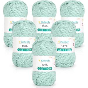 Katech Pure Cotton Yarn for Crocheting & Knitting–Soft Sport Weight CYC #2, 6 Skeins (50g Each, 300g Total), Ideal Crochet Yarn for Dishcloths, Baby Clothes, Socks, Lightweight Scarves（Soft White）(Light Lake Blue)