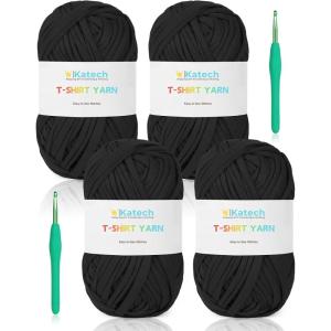 Katech T-Shirt Yarn in Pink for Crocheting, 4x100g/130yds Elastic Fabric Kit for Knitting & Hand DIY Projects, Home Decor(black)