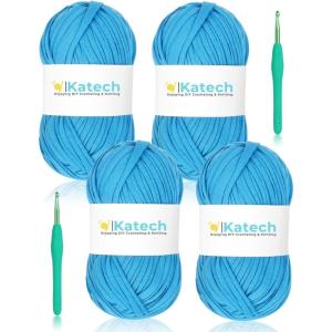 Katech T-Shirt Yarn in Pink for Crocheting, 4x100g/130yds Elastic Fabric Kit for Knitting & Hand DIY Projects, Home Decor(blue)