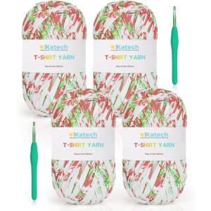 Katech T-Shirt Yarn in Pink for Crocheting, 4x100g/130yds Elastic Fabric Kit for Knitting & Hand DIY Projects, Home Decor(green floral)