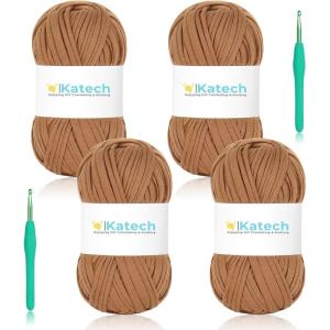 Katech T-Shirt Yarn in Pink for Crocheting, 4x100g/130yds Elastic Fabric Kit for Knitting & Hand DIY Projects, Home Decor(lightbrown)