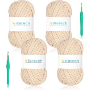 Katech T-Shirt Yarn in Pink for Crocheting, 4x100g/130yds Elastic Fabric Kit for Knitting & Hand DIY Projects, Home Decor(lightkahki)