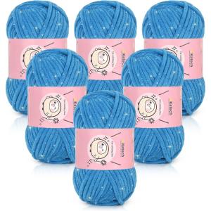 Katech Velvet Chenille Yarn for Crocheting-6 Pack of 50g/1.76oz-4 Medium (Worsted), Sparkle Chenille Yarn for Knitting, Fluffy Plush Baby Yarns for Blankets, Stuffed Animals, Scarves(Bright Yellow)(Deep Blue)
