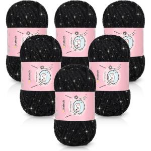 Katech Velvet Chenille Yarn for Crocheting-6 Pack of 50g/1.76oz-4 Medium (Worsted), Sparkle Chenille Yarn for Knitting, Fluffy Plush Baby Yarns for Blankets, Stuffed Animals, Scarves(Bright Yellow)(Deep Black)