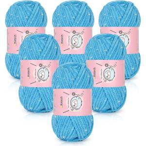 Katech Velvet Chenille Yarn for Crocheting-6 Pack of 50g/1.76oz-4 Medium (Worsted), Sparkle Chenille Yarn for Knitting, Fluffy Plush Baby Yarns for Blankets, Stuffed Animals, Scarves(Bright Yellow)(Light Blue)