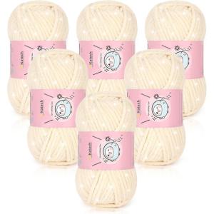 Katech Velvet Chenille Yarn for Crocheting-6 Pack of 50g/1.76oz-4 Medium (Worsted), Sparkle Chenille Yarn for Knitting, Fluffy Plush Baby Yarns for Blankets, Stuffed Animals, Scarves(Bright Yellow)(Skin)
