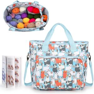 Katech Yarn Storage Bag-Large Capacity Knitting Crochet Bag Organizer-Multipocket Portable Crochet Yarn Storage Organizer for Crocheting Project, Knitting Needles, Crochet Hooks and Yarn(blue cat)