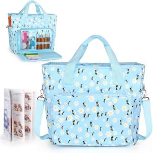 Katech Yarn Storage Bag-Large Capacity Knitting Crochet Bag Organizer-Multipocket Portable Crochet Yarn Storage Organizer for Crocheting Project, Knitting Needles, Crochet Hooks and Yarn(blue floral)