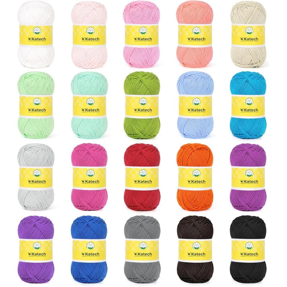 image:imageKatech 20 Mini 1OO Cotton Yarn for Crocheting2 Sport Weight1780yd of Baby Yarns for CraftsMulticolor Yarn Set for knitting Baby Clothes Rainbow AfghanStarter Kit for BeginnerampCrocheter25g89yd